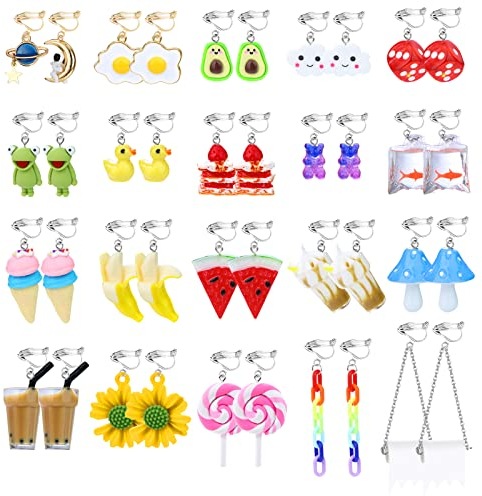 Kakonia 20 Paar Ohrclips Damen Ohne Ohrlöcher Seltsame Ohrringe für Frauen Ohrklipser Ohrclips Mädchen Lustiger Pilz Frosch Ente Erdbeere Goldfisch Blume Obst Tier Kawaii Clip Ohrringe