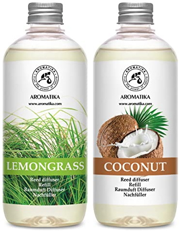 Raumduft Diffuser Nachfüller Lemongrass & Kokos 1L - 2x500ml - Nachfüller Set für Duftdiffusor - Reed Diffuser Refill - Raumbeduftung - Zimmerduft - Diffuser Nachfüllen - Raumluft