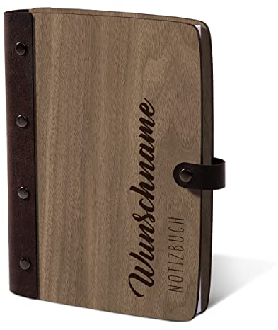 Personalisiertes Notizbuch Holzcover mit Echtleder Rücken 72 Blatt | 144 Seiten A5 hoch 158x222mm Nussbaum Amerikanisch - Name schlicht