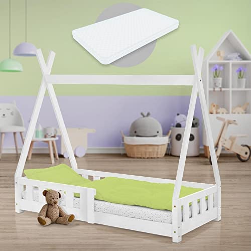 ML-Design Kinderbett Tipi 70x140 cm Weiß mit Matratze, Rausfallschutz und Lattenrost, aus Kiefernholz, Indianer Bett für Mädchen & Jungen, Hausbett mit Zaun, Bodenbett Jugendbett Spielbett Holzbett