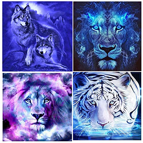 DCIDBEI 4 Pack Diamond Painting Tiger 40x40 cm Malen nach Zahlen Wolf Erwachsene Diamant Painting Bilder DIY 5D Diamant Painting Löwe Kunst Handwerk Große Bilder für die Wand Strasssteine Bilder