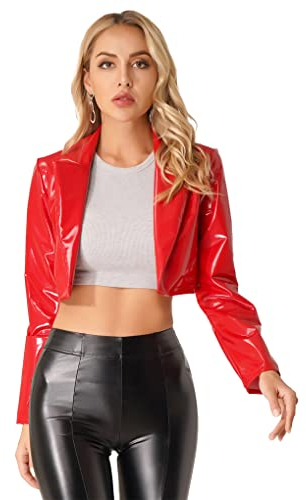 Nyeemya Damen Wetlook Blazer Open Front Anzugjacke Reverskragen Lack Leder Jacke Kurz Mantel Punk Gothic Outfits Rot L