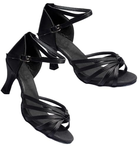 PLAFOPE Women S Latin Dance Shoes High Heels Open-Toed Black Satin Knotted Strap Ballroom Dancing Footwear Size 39