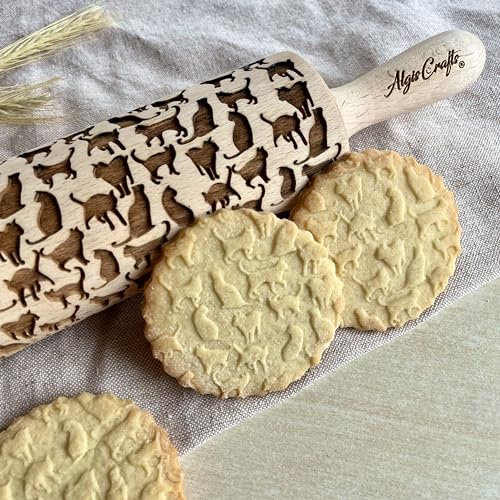 GATTINO Mattarello Decorativo per Biscotti | Mattarello Inciso | Rullo per Biscotti e per Modellare | Mattarello Legno Goffrato di Algis Crafts