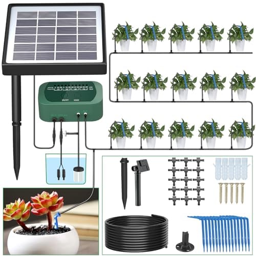 SoulBay Solar Bewässerungssystem mit Timer, Automatische Tropfschlauch Bewässerungssystem Pflanzen Bewässerung Set mit 150 cm Pumpe für Garten Balkon, Rasen, Topfpflanzen, Gemüse, Gewächshausim