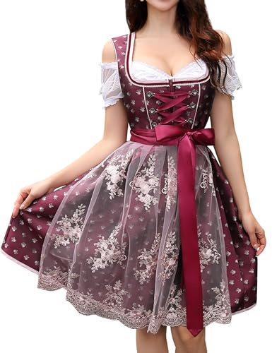 Clearlove Oktoberfest Costumes Women 3 Piece Set German Bavarian Dirndl Dress with Apron Blouse Maid Outfit