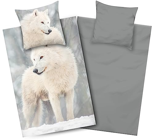 Aminata kids Biber Bettwäsche Wolf-Motiv 135x200 Flanell Baumwolle Winter-Landschaft Wald-Tiere weiß grau Schnee Kinder-Wende-Bettwäsche-Set warm & weich | Polar Mädchen Jungen