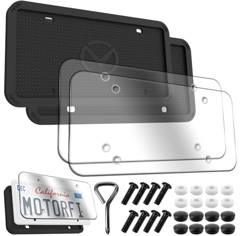 Motorfi 2 Pcs Silicone License Plate Frames with 2 Clear Polycarbonate Covers, Rust-Proof, Weather Resistant, Easy Installation, Premium License Plate Protector, Covers & Frames with 2 Drainage Holes
