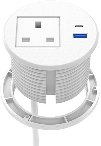 Desk Grommet Power Socket USB C PD 20W, Ohuo Hidden Desktop Power Socket USB C, Recessed Power Strip with 2 USB Ports, White
