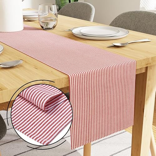 Encasa XO Baumwoll-Tischläufer 4 Seater | Größe 32x150 cm | Tickt rot - Maschinenwaschbar & Langlebig