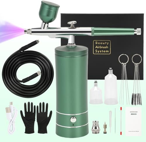 Upgraded Airbrush Kit with Air Compressor, Portable Cordless Auto Airbrush Gun Kit, Handheld Rechargeable Air Brush with Compressor for Makeup, Nailart, Painting, Cake, Cookie, Model (Green)
