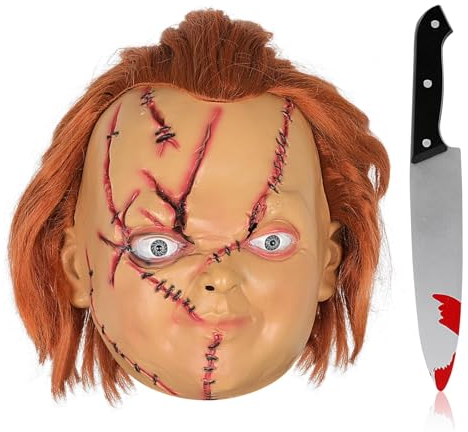 SINSEN Chucky Maske Messer Gruselige Chucky Vollkopf Latexmaske mit Haaren Halloween Gruselmaske Realistische Cosplay Maske Chucky Kostüm Requisit für Erwachsene