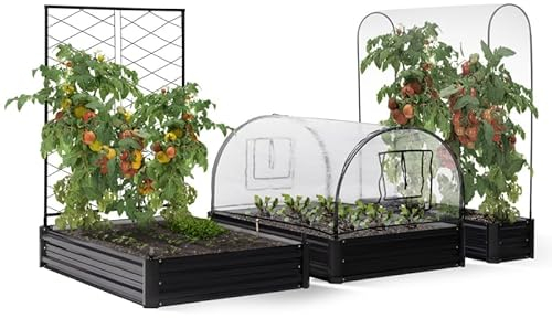 IDMarket - Kit Complet 3 bacs métal modulables carrés Potager et Serre à tomates + Treillis + Housse