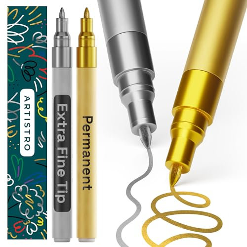 Artistro Permanent Marker Gold und Silber - 2 Stück Acrylstifte - Wasserfest Filzstift mit 0,7 mm Spitze, Schnell Trocknender Glanzlackmarker für Textil, Keramik, Glas, Holz, Metall, Karton