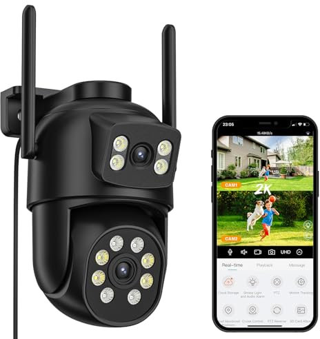 Reobiux Dual Lens Outdoor Security Camera, 2K/6MP PTZ Home Security WiFi Camera, CCTV Camera with Auto Tracking, Human Detection, 30m Color Night Vision, 2-Way Audio, IP66, Works with Alexa (Balck)