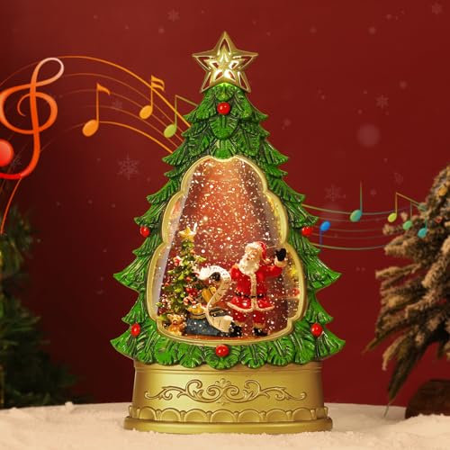 Lewondr Weihnachts-Schneekugel, Musikalische Weihnachtsbaum-Wasserlaterne mit Wirbelndem Glitzer & 8 Liedern, Batterie Beleuchtete Schneekugel-Lampe Heimdekoration