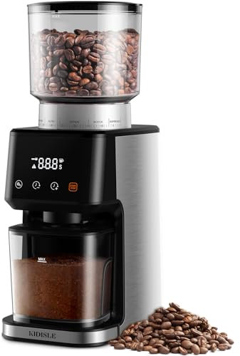 KIDISLE - Molinillo eléctrico de grano de café con temporizador electrónico de precisión, molino cónico ajustable con 51 ajustes precisos, para uso doméstico, acero inoxidable cepillado