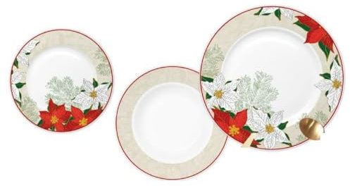 DKD Home Decor Vajilla Rojo Beige Porcelana Flor Navidad 18 Piezas 27 x 27 x 2 cm