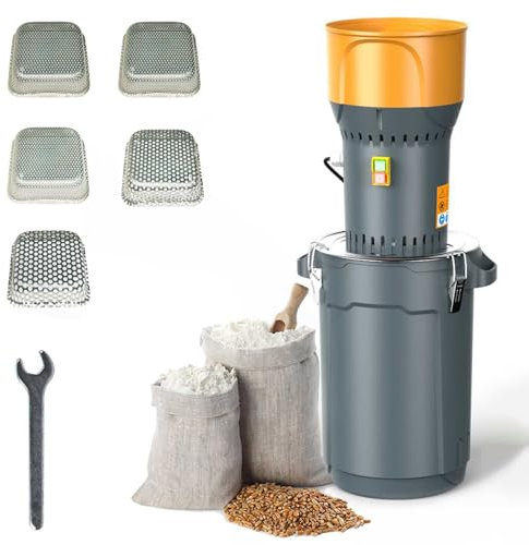 Elektrische Getreidemühle mit 25L Eimer, 1300 Watt Elektromotor, Getreidemühle Elektrisch 300kg/h, Schrotmühle mit Edelstahlklinge, fünf Siebe inkl., Zerkleinerer für Getreide, Futterherstellung