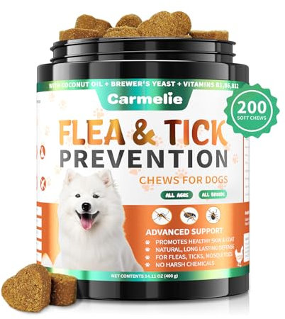 Carmelie Flea and Tick Chewables for Dogs - 200 Soft Chews Natural Dog Flea and Tick Prevention Chews - Oral Flea Supplement for Dogs, Puppy Flea Prevention - Chicken Flavor
