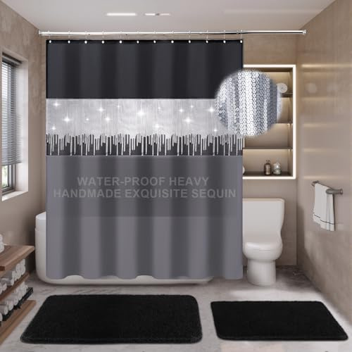 XLHOMO Duschvorhang-Set, schwarz, Badezimmer-Sets mit Duschvorhang und Teppichen, Glitzer, wasserdichter Duschvorhang mit rutschfesten Badezimmerteppichen für Hotel, Dusche, Badezimmer-Dekor
