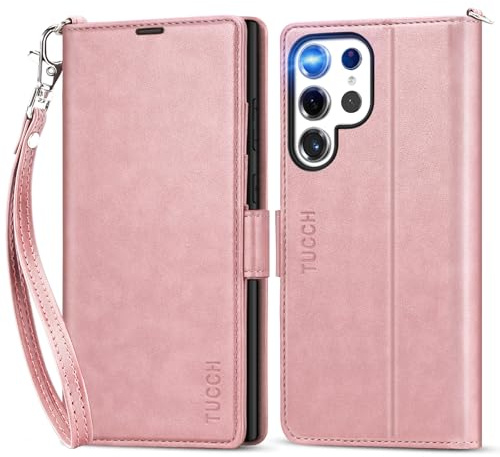 TUCCH Hülle für Galaxy S25 Ultra mit Band Handyhülle Klapphülle Rosagold | Band, Magnet, Ständer, PU-Leder, TPU Stoßfeste Innenhülle, RFID Blocker, Kartenfächer, Kompatibel mit Galaxy S25 Ultra