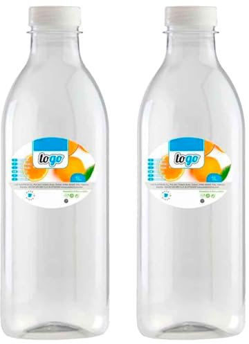 Tradineur - Pack de 2 botellas de plástico con tapón de rosca, reutilizables y reciclables, agua, leche, batidos, zumos, refrescos, frigorífico, fabricadas en España (1 Litro - 26 x 8 cm)