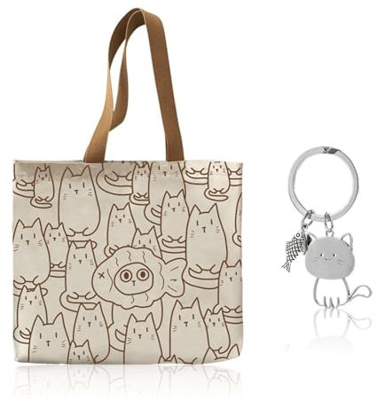 1 Bolso De Lona Con Patrón De Gato Y 1 Llavero, Bolso De Compras De Gran Capacidad, Lindo Bolso De Hombro, Bolso De Hombro Plegable