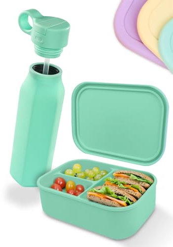 Lunchbox Set – Silikon Brotdose & Trinkflasche für Erwachsene – Bruchfest, Auslaufsicher, BPA-frei, Spülmaschinenfest – Für Arbeit, Büro & Unterwegs | 800ml Lunchbox & 500ml Flasche (Mint)