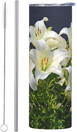 PHAYAH White Lilies Trinkgläser mit Deckel und Strohhalmen, 590 ml, Reisebecher, geeignet für Cafés, Büros und Outdoor-Aktivitäten
