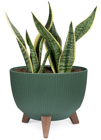 KONZEPT Macetero grande de 29 cm, verde, maceta con patas, resistente a la intemperie y a los rayos UV, con inserto de drenaje de agua, maceta para interior y exterior