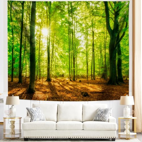 Lirzxin Wandteppich Natur Wald, Tapisserie Wandbehang Grün Braun Sonnenschein Wald Landschaft Tapestry Wandteppiche Tapisserie für Schlafzimmer Wohnzimmer Wanddeko, 350x256CM
