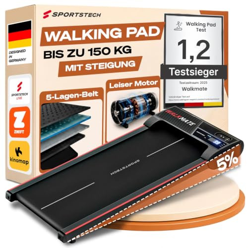 Sportstech, Walking Pad mit Steigung, 150 kg belastbar, 6 km/h, Under Desk | Mit Steigung bis 5%, inklusive App Mitgliedschaft, Home Office, Schrittzähler, leicht & kompakt, Transportrollen, WalkMate