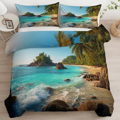 Generisch Bettwäsche 135 x 200 cm Fotografie Tropischer Strand Palmen Bettbezug Kissenbezug Mit Reißverschluss, Grün Deluxe Weich Microfaser 2 Teilig - Jugendliche Kinder Schlafzimmer Bettdeckenbezug
