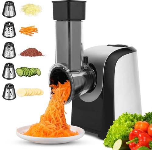Gemüseschneider Elektrisch 150W Gemüsehobel mit 5 Klingeneinsätzen, Multifunktionsreibe Elektrische Reibe für Käse, Kartoffeln, Karotten, Obst und Gemüse