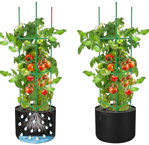Lot de 2 tuteurs de tomates avec sac de plantation - Hauteur réglable de 120 cm - Pour plantes grimpantes - Tour de tomates - Support de plantes pour tomates, concombres, fleurs, jardin, légumes