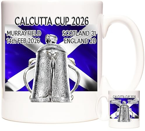 KAZMUGZ Calcutta Cup 2026 Commemorative Mug – 11oz Ceramic Rugby Mug – Scotland vs England Murrayfield Match Gift – Scottish Flag Trophy Design – Gift for Rugby Fans & Collectors