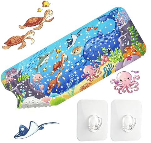 Solyxis Alfombra Bañera Antideslizante Niños, 100x40 cm Alfombra Ducha | con 2 Ganchos, Sin BPA, Resistente al Moho, Lavable a Máquina, para Bañera & Ducha, Azul