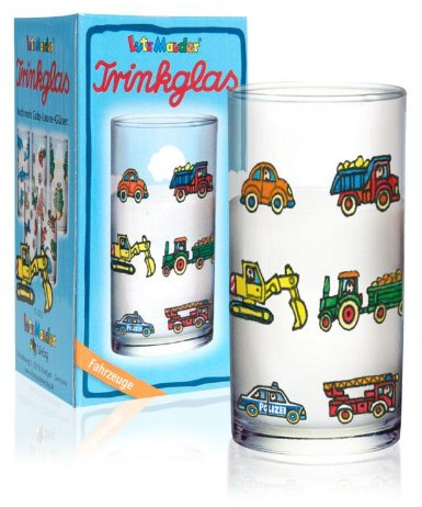 Lutz Mauder Kindertrinkglas — extra dickes Glas mit bunten Fahrzeugmotiven - Traktor, Bagger, Polizeiauto, Feuerwehr, Radlader, Auto — robustes Trinkglas für kleine Erkunder
