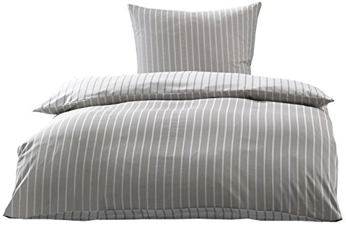 Bettwaesche-mit-Stil Mako Satin Damast Streifen Wendebettwäsche (Kiesel - braun, 155cm x 220cm + 80cm x 80cm)