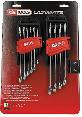 KS TOOLS - 922.0050 - Jeu de 10 clés mixtes métriques - Clé mixte à cliquet sur support - Composé de 10 pièces de 8 à 19 mm - Angle de fourche et œil incliné à 15°