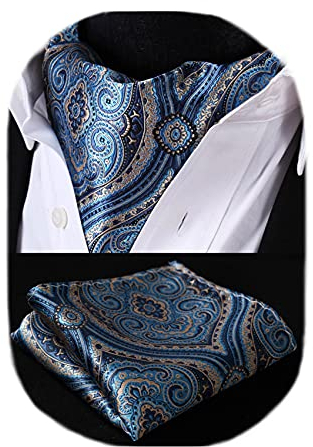 HISDERN Krawattenschal Herren Paisley Halstuch Ascot-Krawatte Seide Ascot Krawatte und Einstecktuch Set für Elegant Hochzeit Party,Blau & Silber,Einheitsgröße
