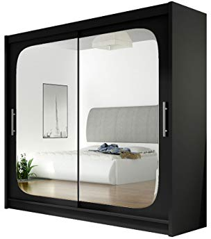 Mirjan24 Kleiderschrank mit Spiegel London VIII, Schwebetürenschrank, Schiebetürenschrank, Modernes Schlafzimmerschrank 180x215x58cm, Garderobe, Schlafzimmer (Schwarz)