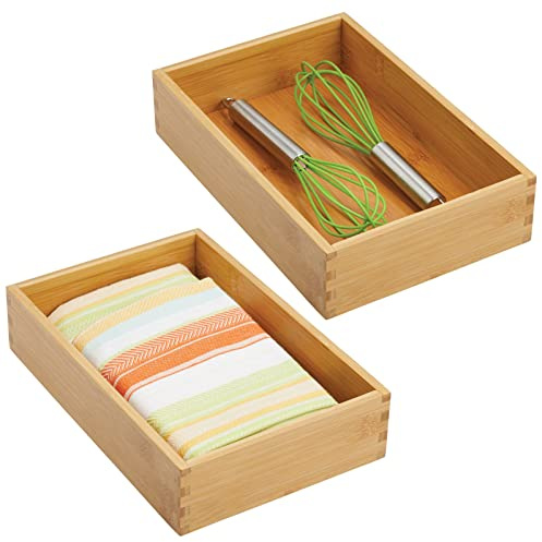 mDesign Set of 2 Functional Drawer Organiser — Elegant Bamboo Kitchen Drawer Divider for Cutlery, Silverware, Utensils — Convenient Drawer Separator — Light Brown