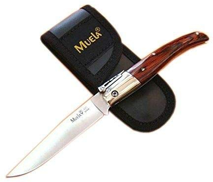 Muela Navaja bolsillera PQ-9R con Hoja de Acero MoVa Inoxidable de 10 cm y empuñadura de Madera prensada 11,5 cm para Caza, Pesca, Supervivencia y Bushcraft + Portabotellas de Regalo