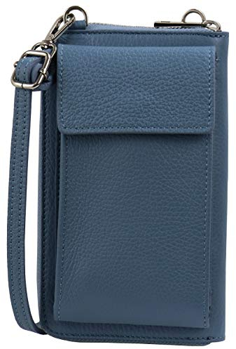 SH Leder Damen Handytasche Umhängetasche Geldbörse Multifunktion Beutel aus Echtleder Verstellbar Schultergurt Handy bis 6,8 Zoll 11,50x19cm Sarah G339 (Jeansblau)