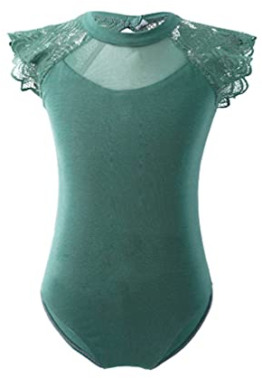 TiaoBug Mädchen Ballettanzug mit Kurze Ärmel Flügelärmel Turnanzug Baumwolle Ballettkleidung Sport Ballett Body Trikot Tanzanzug Gymnastikanzug gr. 92-152 Dunkel Grün D 170-176