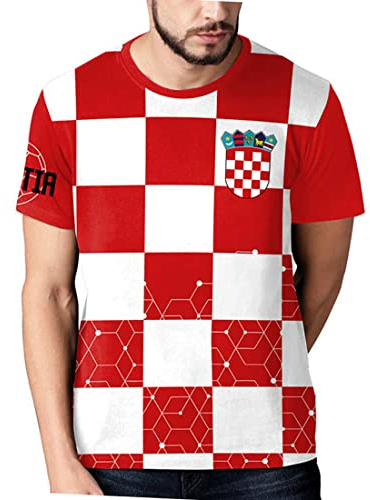 YuanDiann 2022 Katar Fußball Weltmeisterschaft T-Shirt 3D Drucken Nationalflagge Kurzarm Rundhalsausschnitt Fanshirt Sport Casual Atmungsaktiv Trikots Shirt für Erwachsene und Kinder Kroatien 3# XL