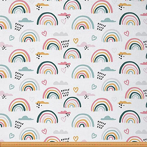 Regenbogen Stoff Meterware Wolken Polsterstoff Cartoon Wolken Regen Dekorationsstoff Kawaii Herz Muster Drinnen Draußen Stoff Bunter Handgezeichneter DIY Kunst Wasserdichter Stoff 92 x 150 (HxB)