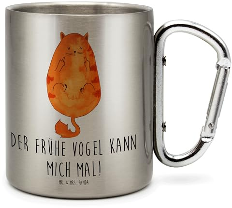 Mr. & Mrs. Panda Teetasse Katze Frühaufsteher - Geschenk, Edelstahlbecher, Thermobecher Edelstahl, Isolierbecher, Genervt, Verschlafen, Katzen, Morgenmuffel, thermotasse, Kaffee, Mittelfinger